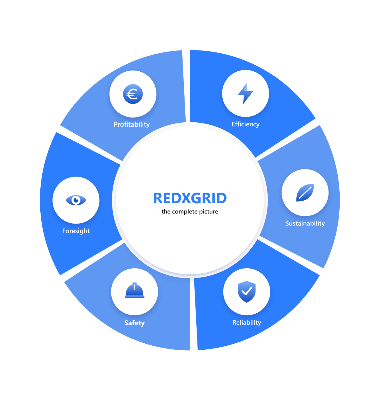 REDXGRID wheel diagram: Efficiency, Sustainability, Reliability, Safety, Foresight and Profitability around the complete picture