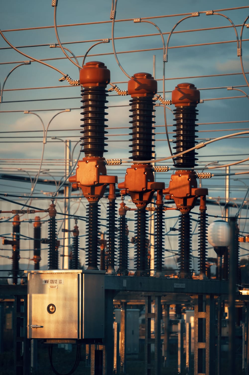 Substation equipment in warm evening light